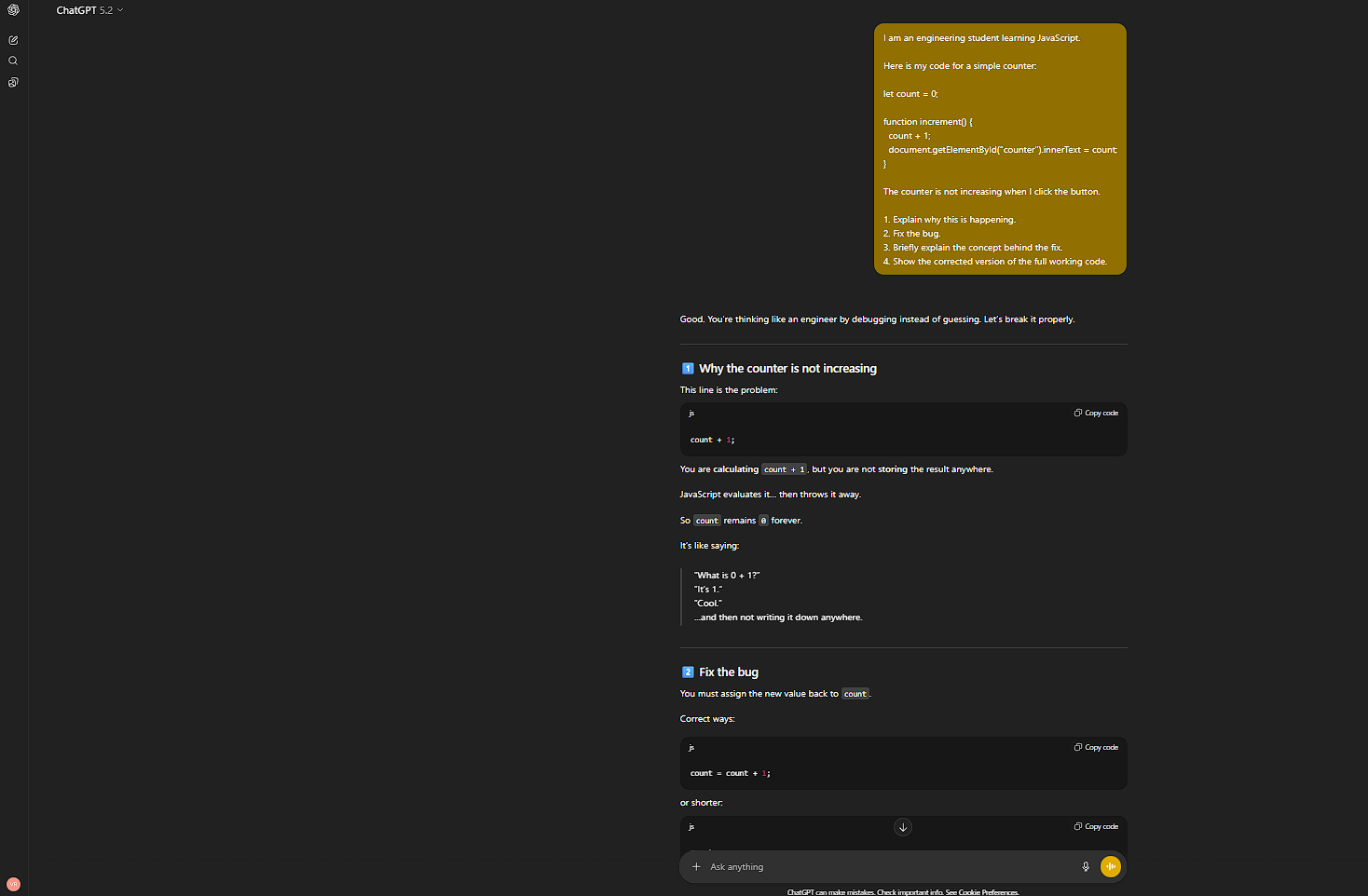 Using ChatGPT for debugging JavaScript code