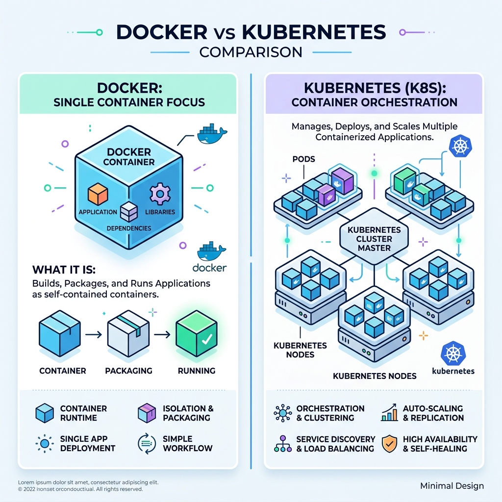 Docker vs Kubernetes comparison infographic